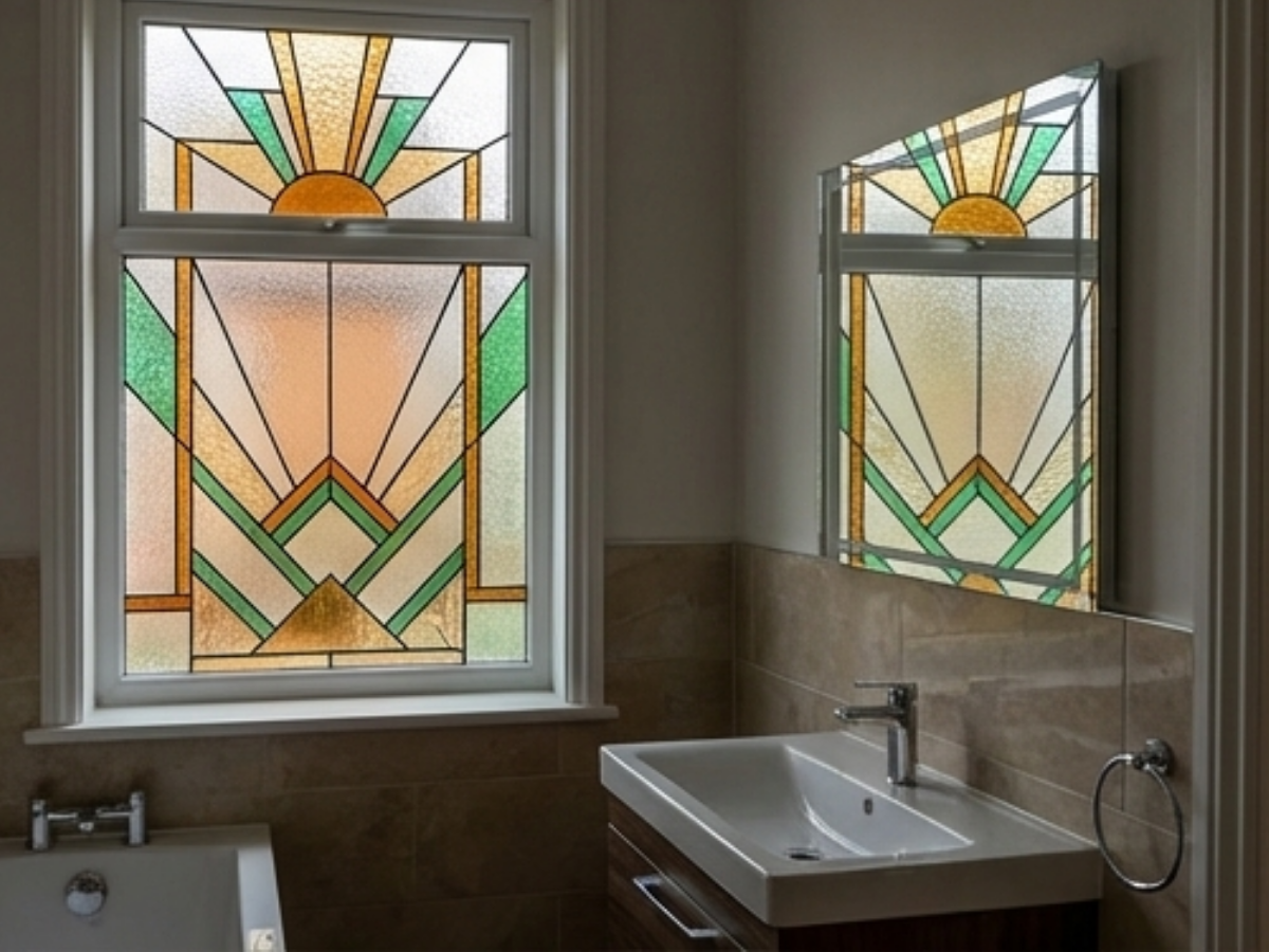 A bathroom sink and tub next to a window with geometric, art deco style stained glass in orange and green tones.