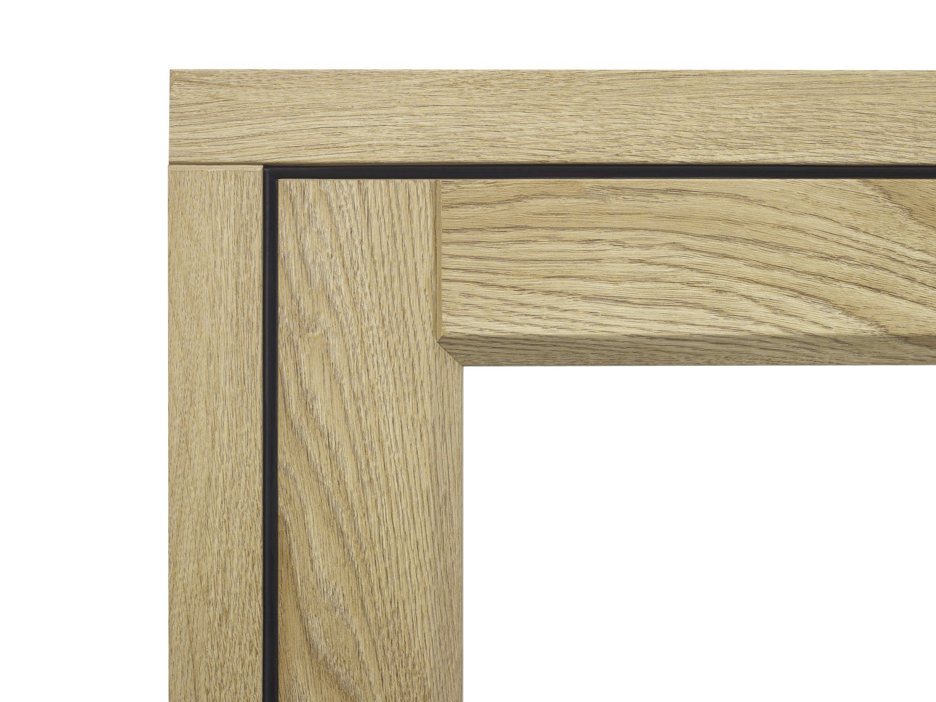 Corner detail of a light oak wood frame with a dark line separating the pieces.