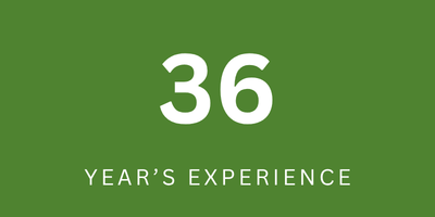 White text “36” above “YEAR’S EXPERIENCE” on a green background.