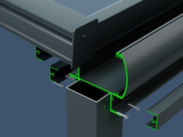 A close up of a metal structure with green lights on it