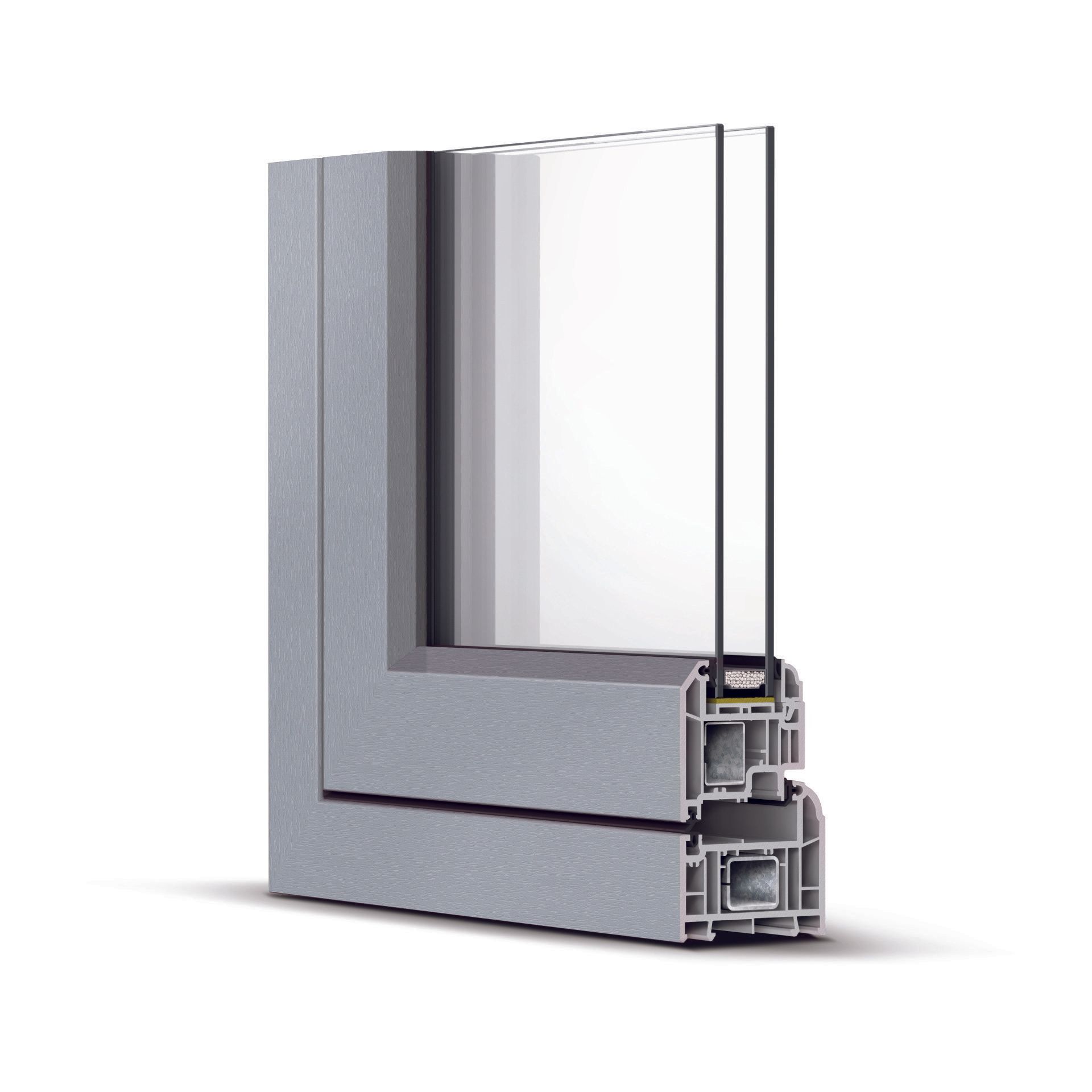 Cross-section of a double-paned window frame, showing the glass and internal components, in a neutral color.