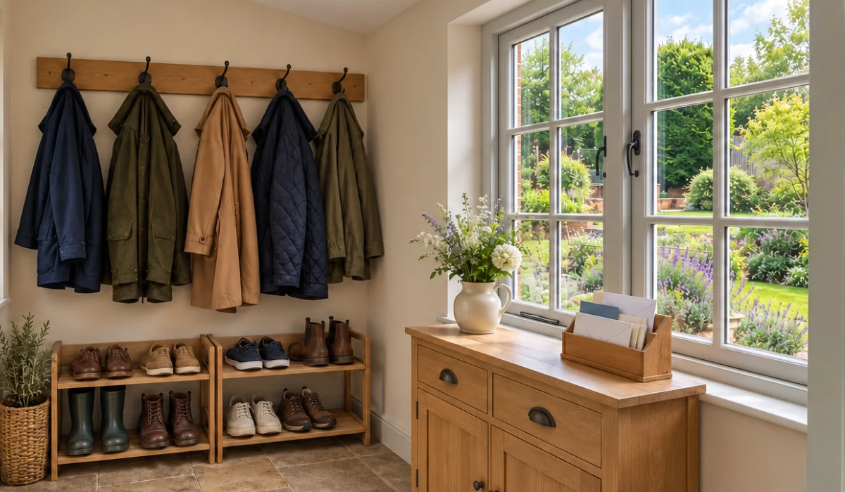 Inside of a porch with coats and a shoe rack