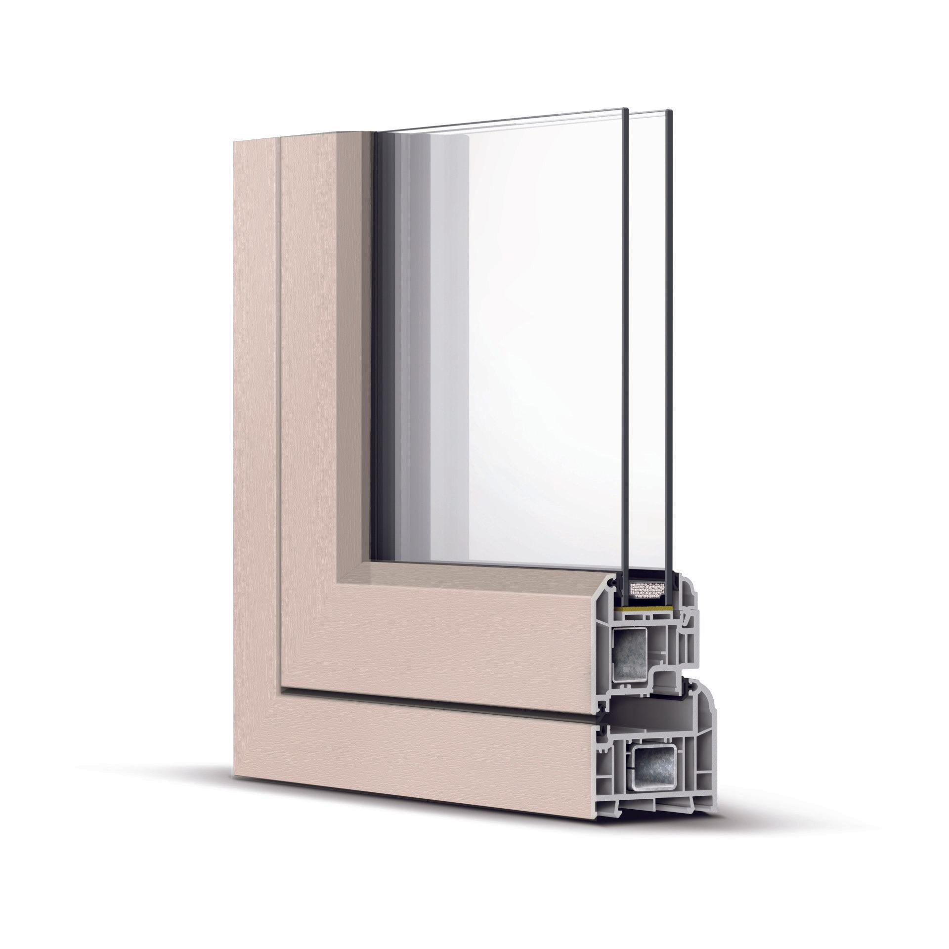 Cross-section of a white PVC window frame with double-pane glass, showing construction details.