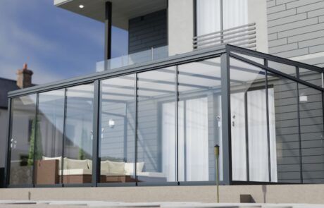 A modern house with a glass roof and a balcony.