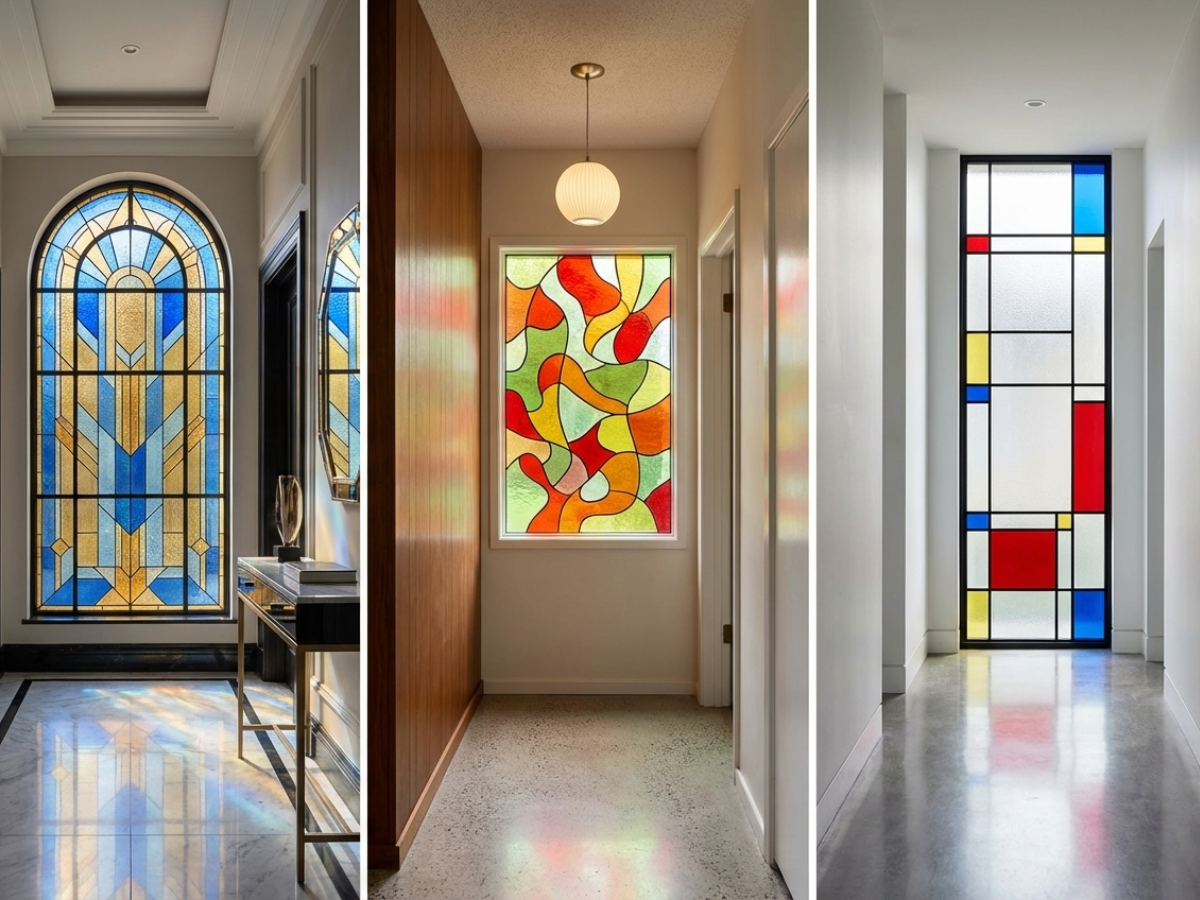 A three-paneled image showing hallway views featuring decorative stained glass windows in Art Deco, abstract, and grid styles.