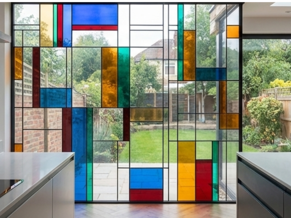 A stained-glass window in a kitchen, featuring rectangular panes in blue, red, yellow, and green glass.