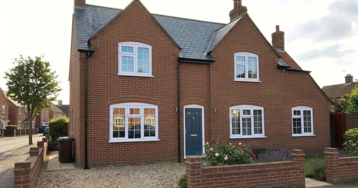 Brick cottage with white-trimmed windows, blue front door, and small front garden by the street