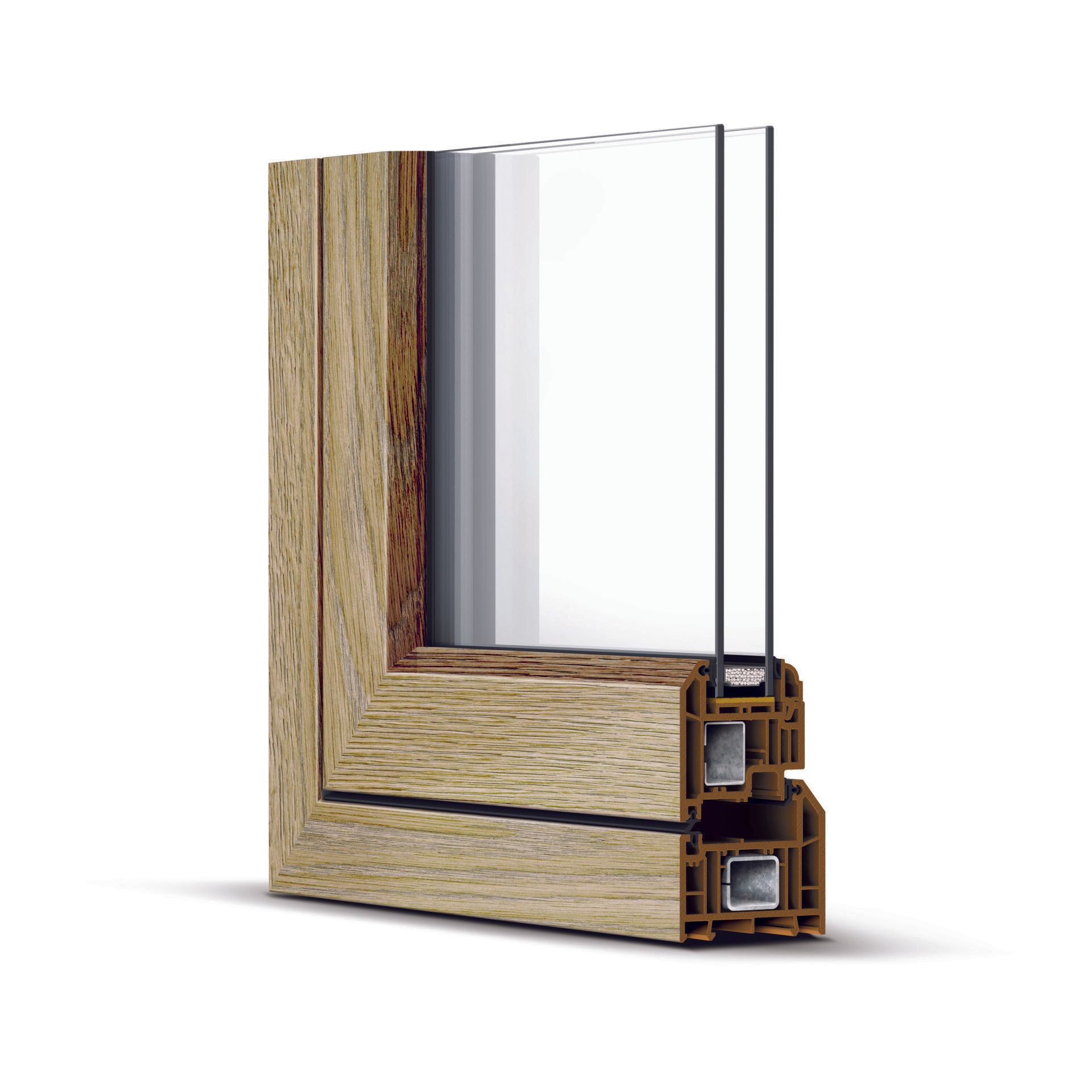 Cross-section of a wooden-framed window, showcasing glass layers and frame construction details.