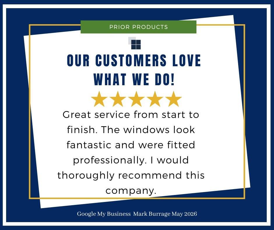 Customer review graphic on blue background: “Our customers love what we do!” with five stars and a testimonial. Prior Products Ltd Stratford-upon-Avon