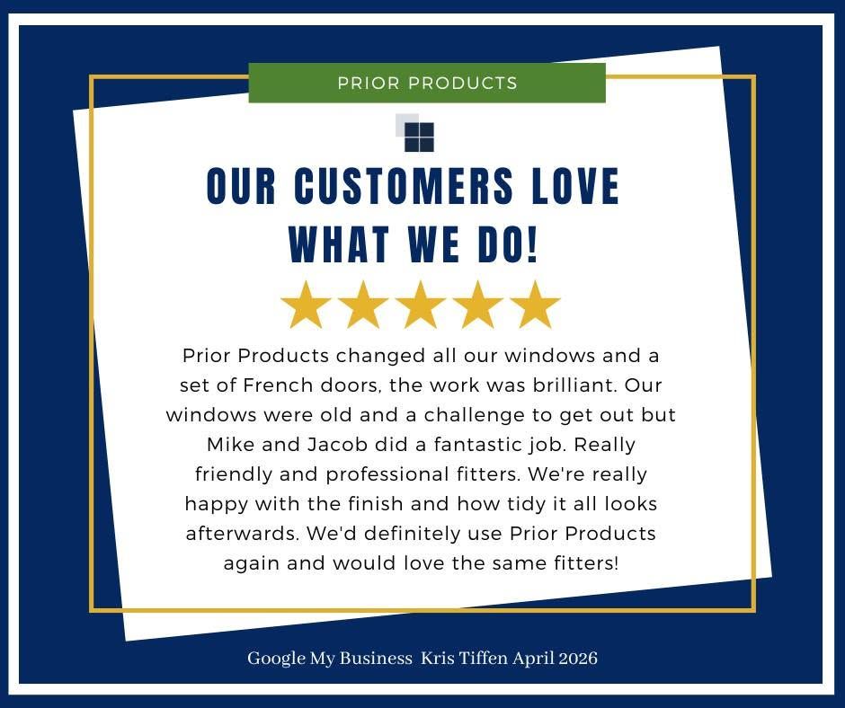 Customer testimonial graphic with blue background, white card, yellow stars, and “Our Customers Love What We Do!” text