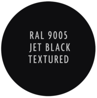 A black circle with white text that says ral 9005 jet black textured