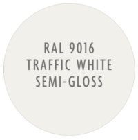 A white circle with the words traffic white semi-gloss on it