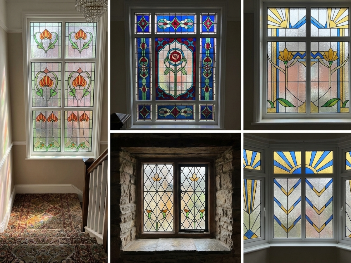 A collage of five windows featuring diverse stained glass patterns, including floral, geometric, and sunburst designs.