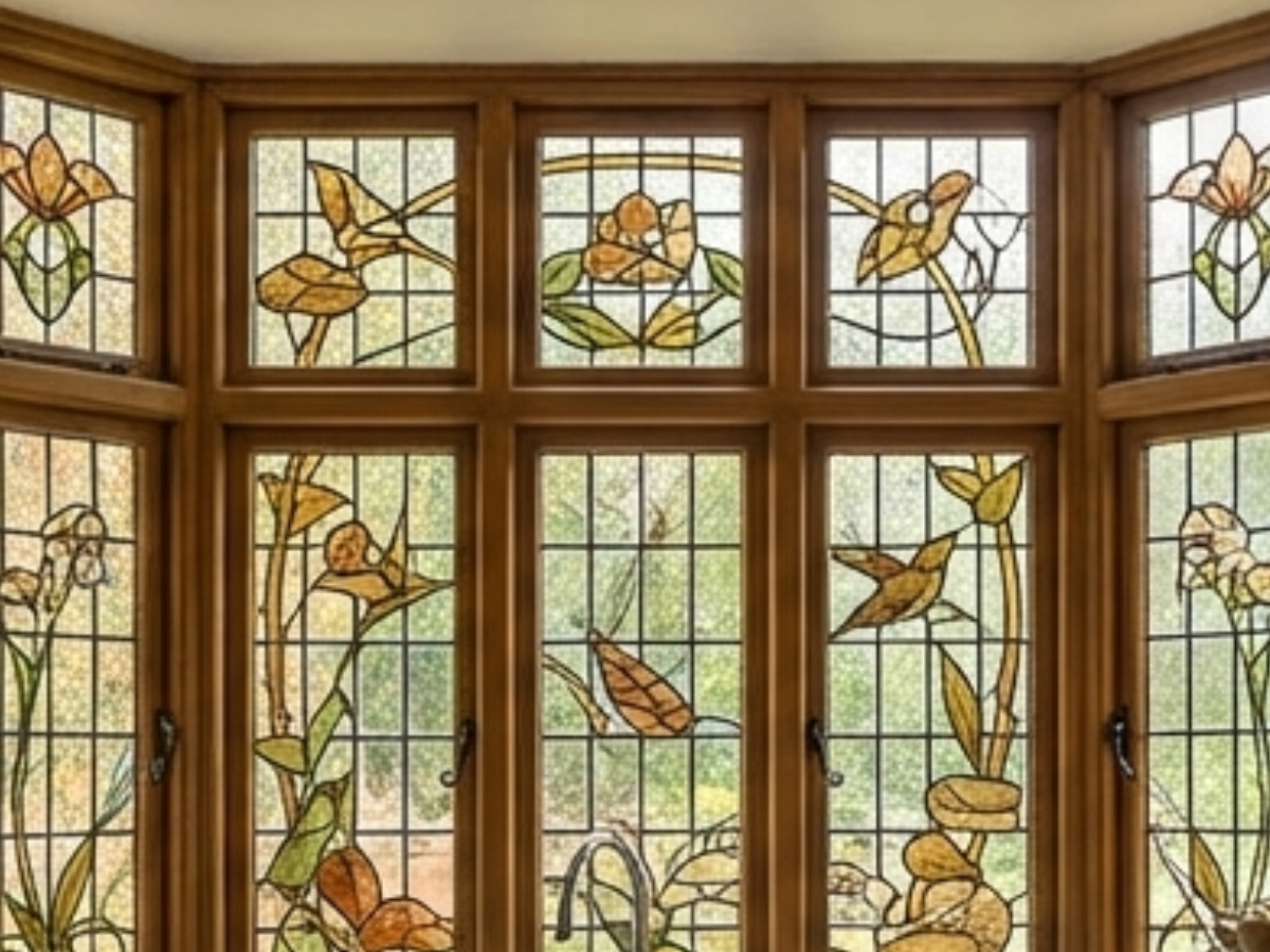 Bay window with a decorative stained glass design featuring floral patterns and birds in shades of gold, brown, and green.