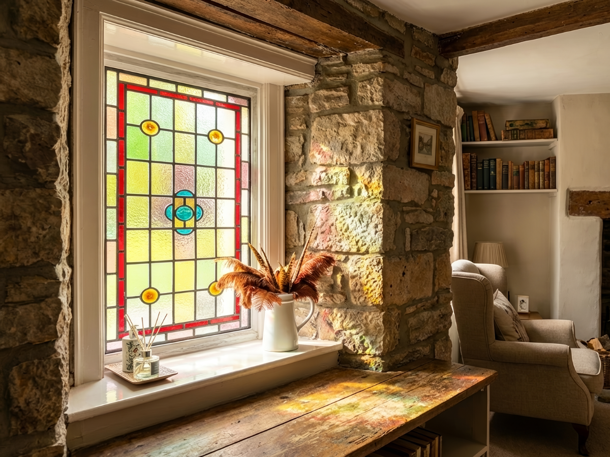 A stained-glass window in a stone wall above a wooden surface, with a vase of dried flowers and an armchair nearby.