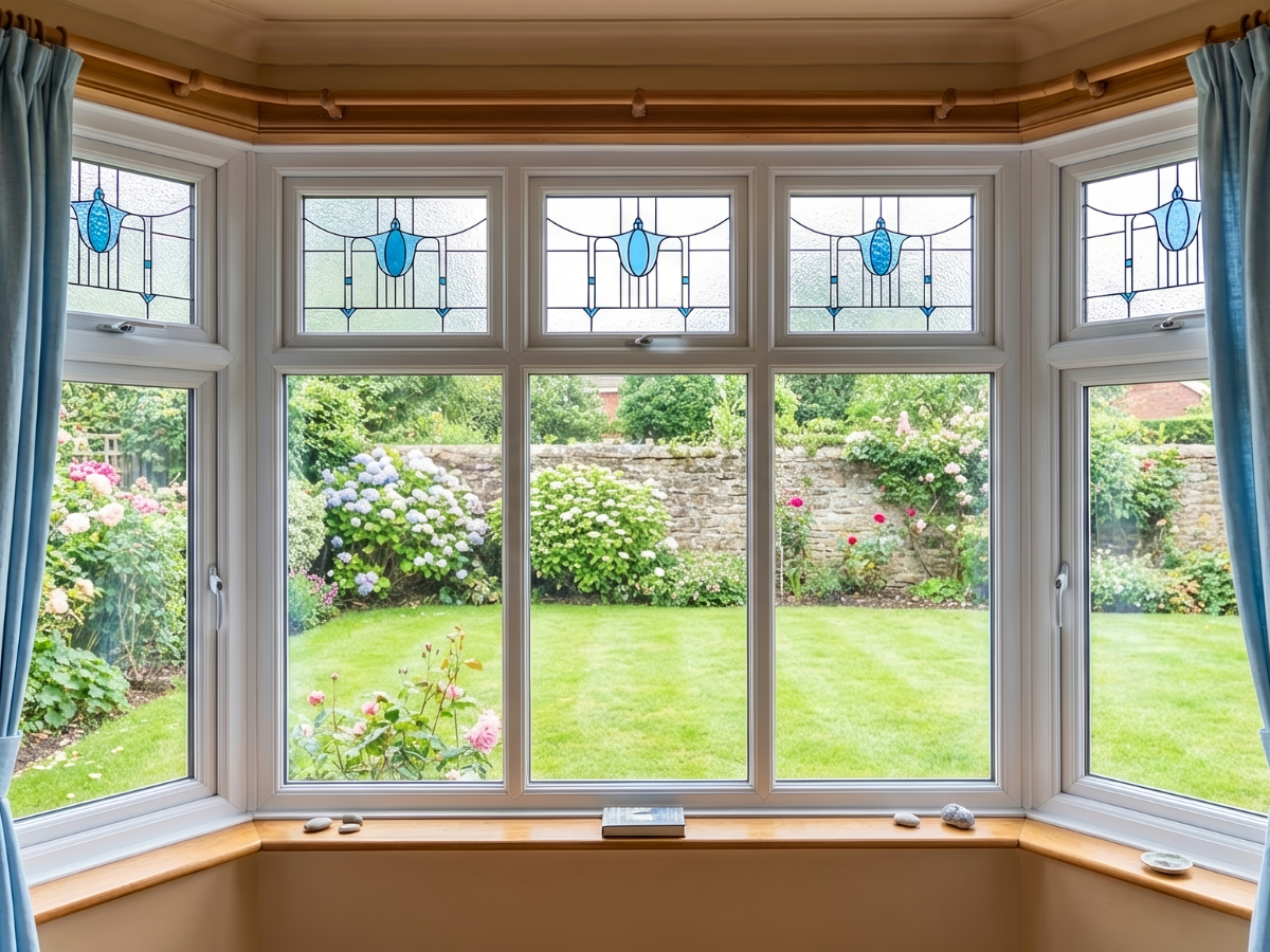 A bay window looking out onto a lush green garden with a stone wall and flowering bushes, framed by light blue curtains.