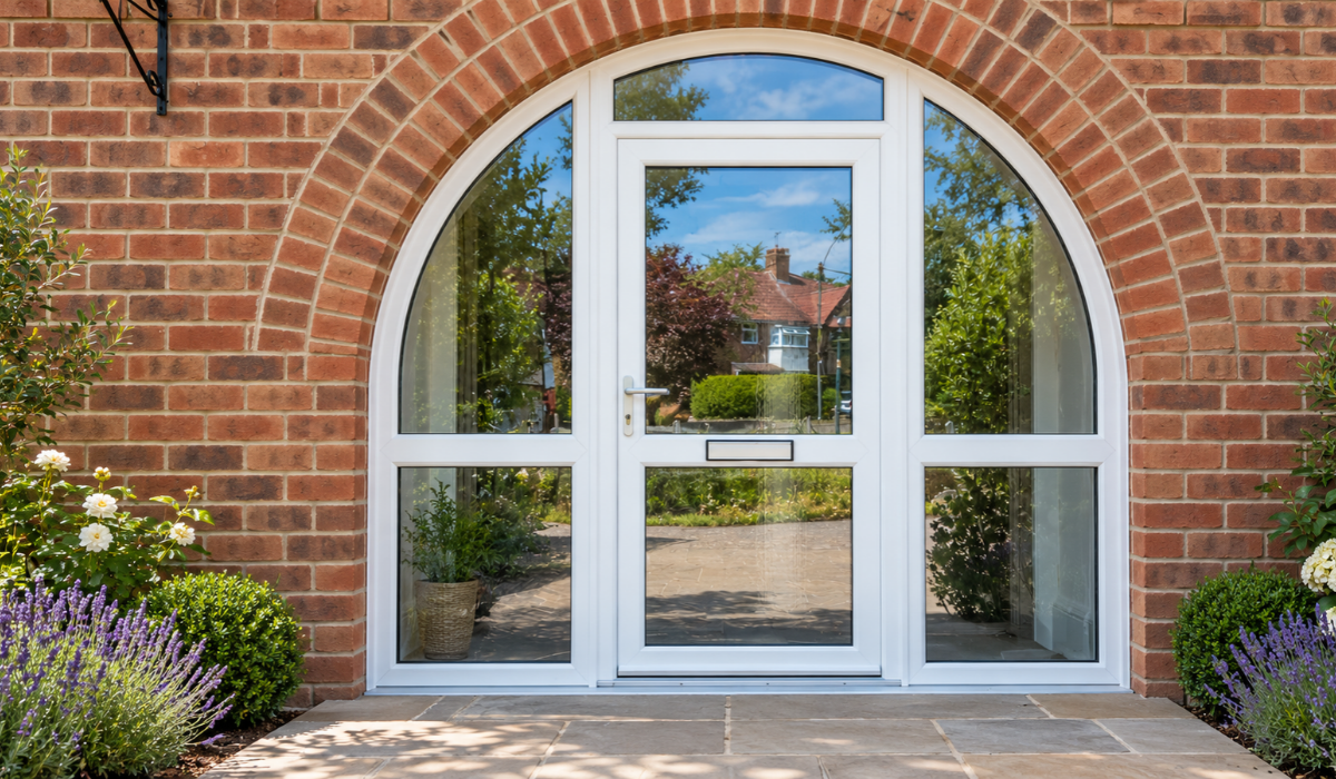 White UPVC arched frame with glazed UPVC door in the centre