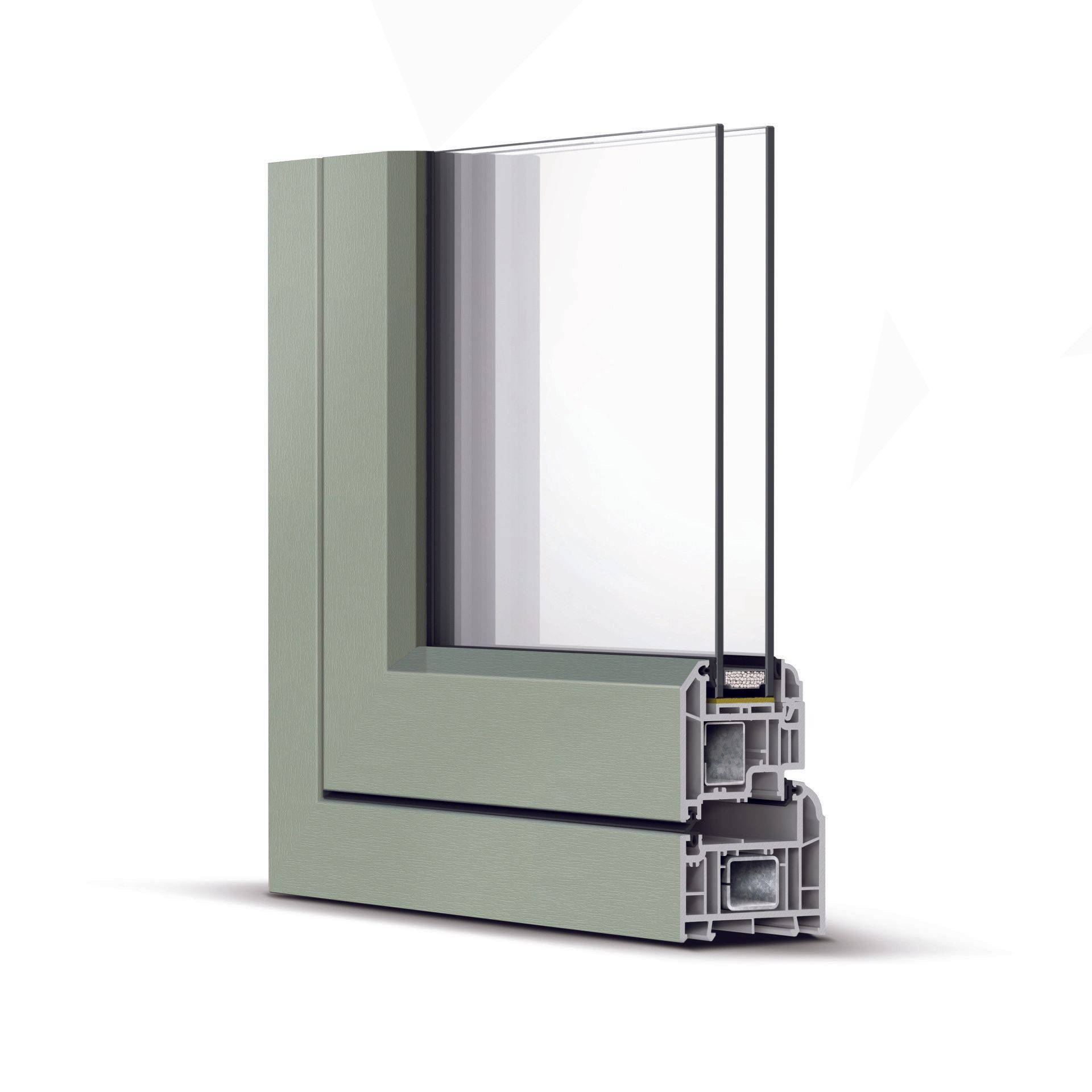 Cross-section of a green PVC window frame with double-pane glass, showing its internal structure.