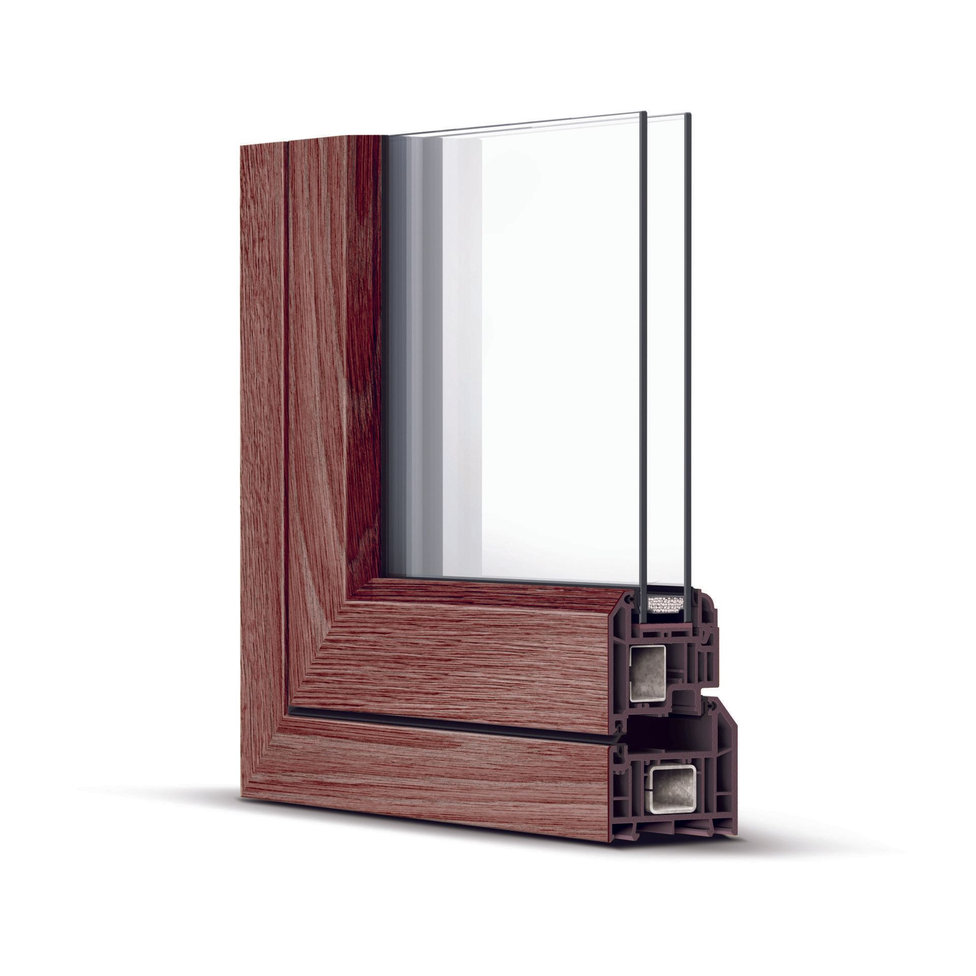 Cross-section of a burgundy-colored window frame with double-pane glass, showcasing construction details.