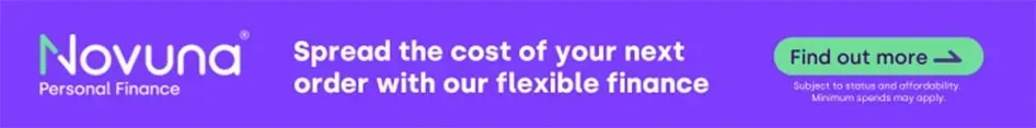 Novuna Finance banner with purple gradient and green “Find out more” button, promoting spreading the cost of finance