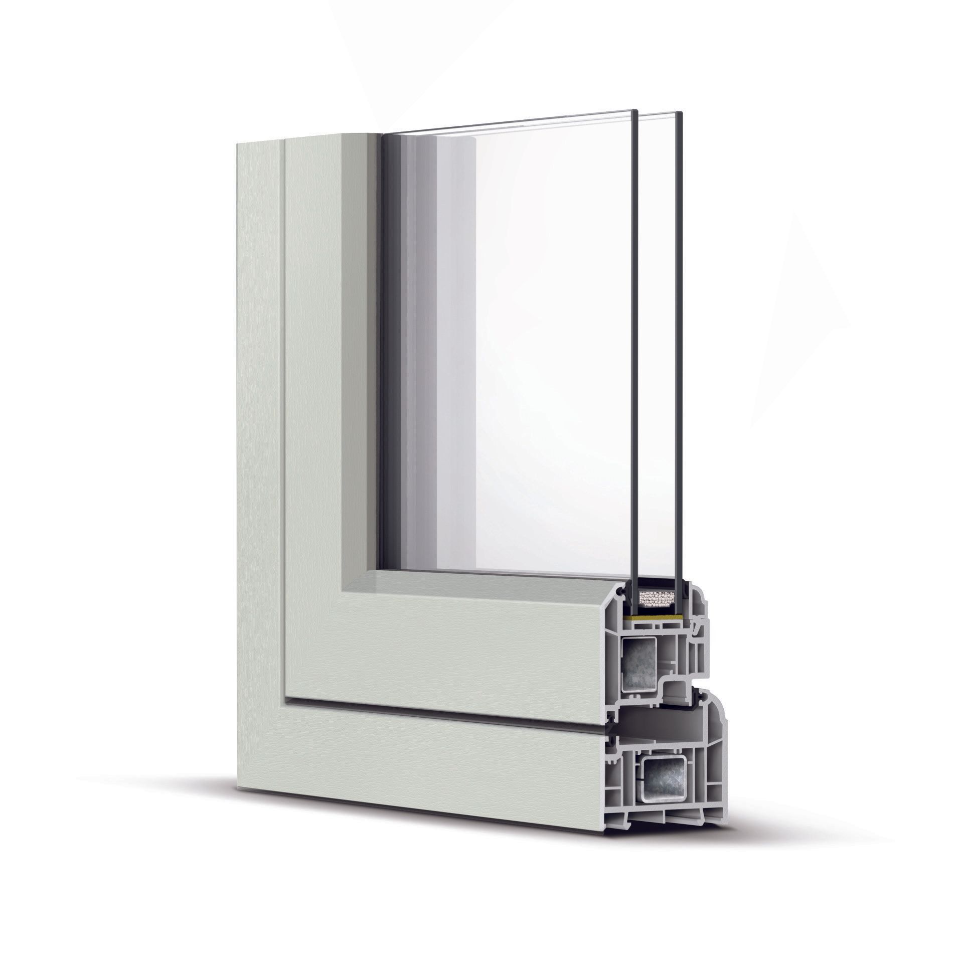 Cross-section of a white vinyl window frame with double-pane glass, showing internal components.