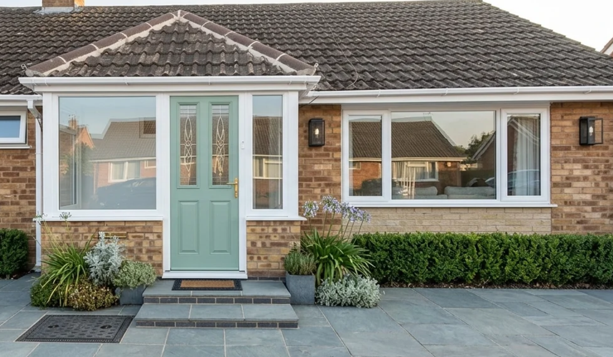 Enclosed brick porch with gable tiled roof, white uPVC windows and green composite front door on a bungalow in Stratford-upon-Avon
