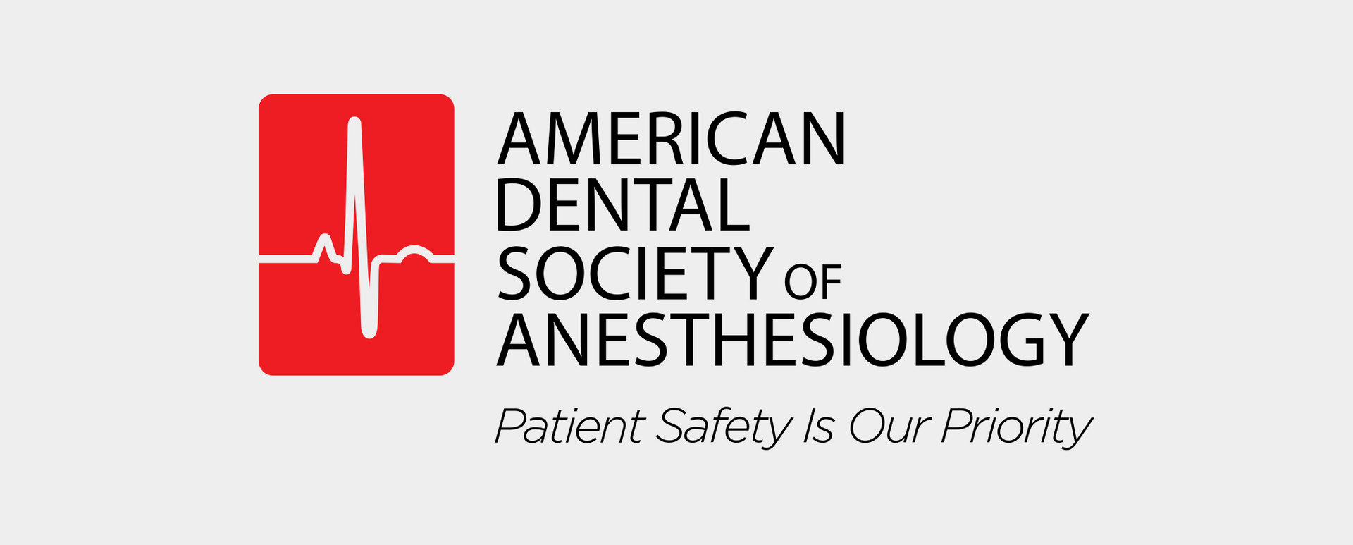 Logo of the American Dental Society of Anesthesiology; red square with heart monitor line, text below reads