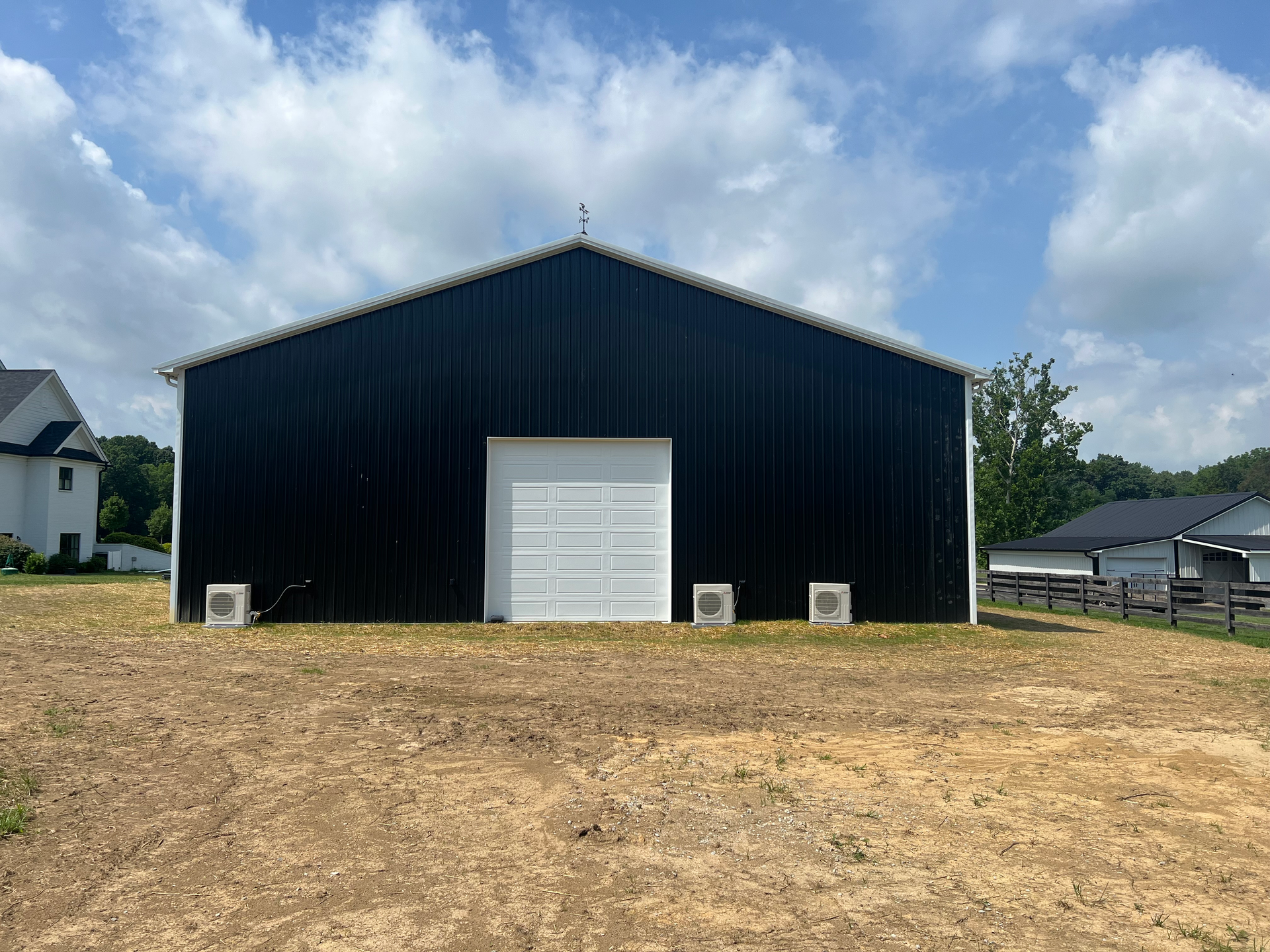A black metal barn with a white central garage door and three HVAC units sitting on a dry, grassy plot under a blue sky.