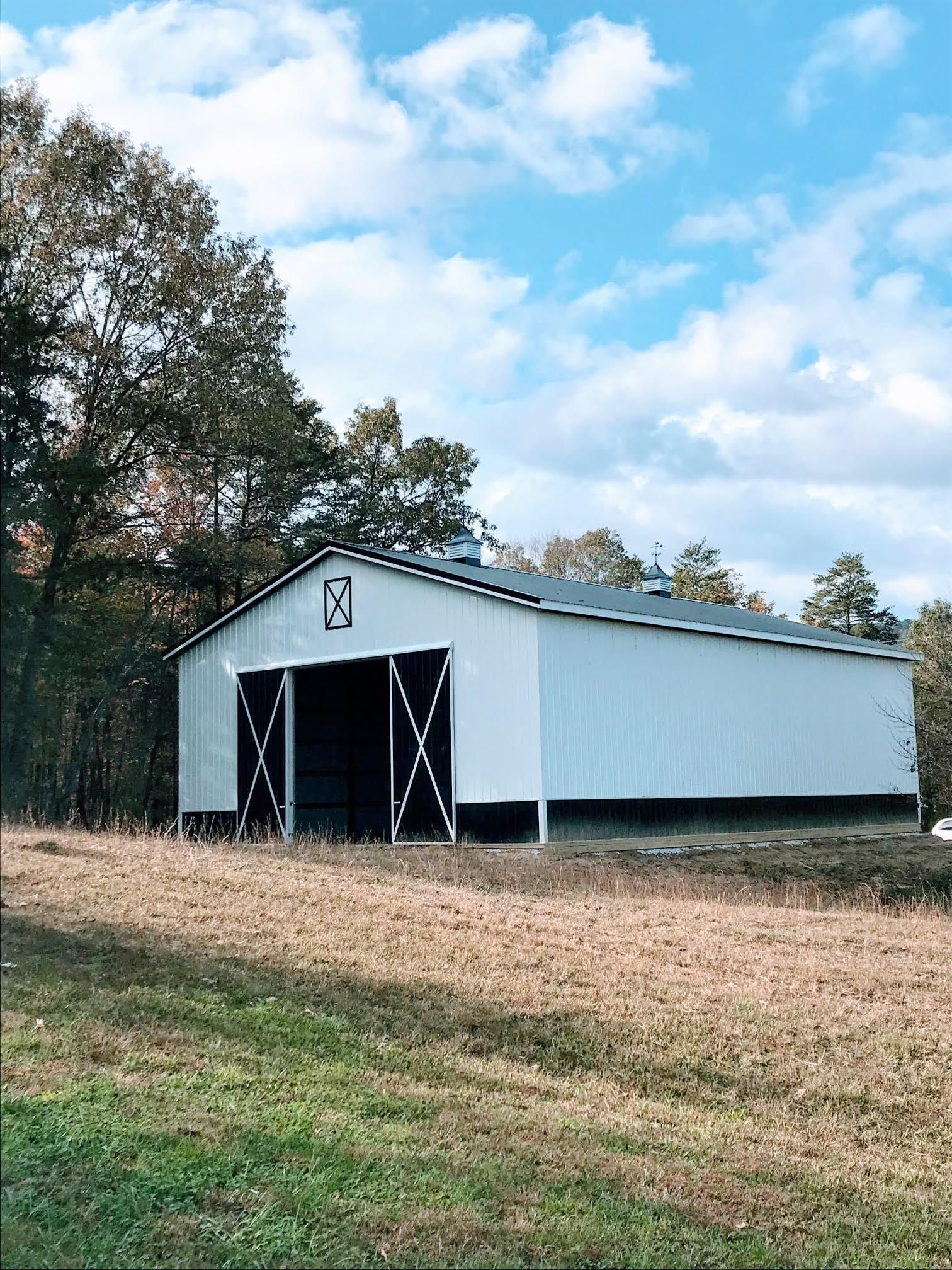 A white pole barn with black trim and sliding doors sits in a grassy field backed by trees under a partly cloudy sky.