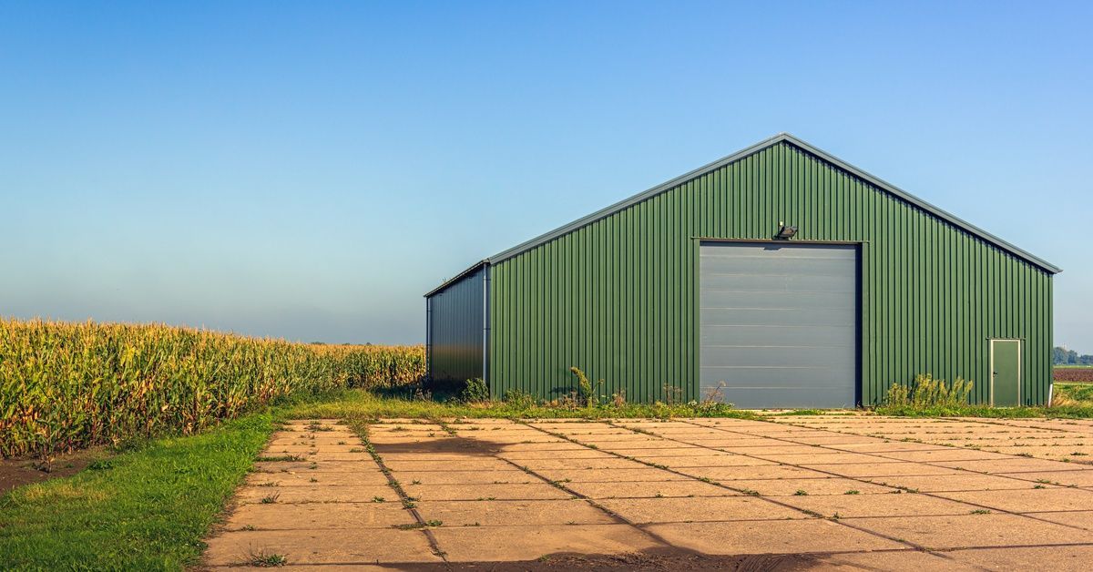 A green pole barn with a gray garage door sits beside a cornfield under a clear blue sky. It has a concrete slab driveway.