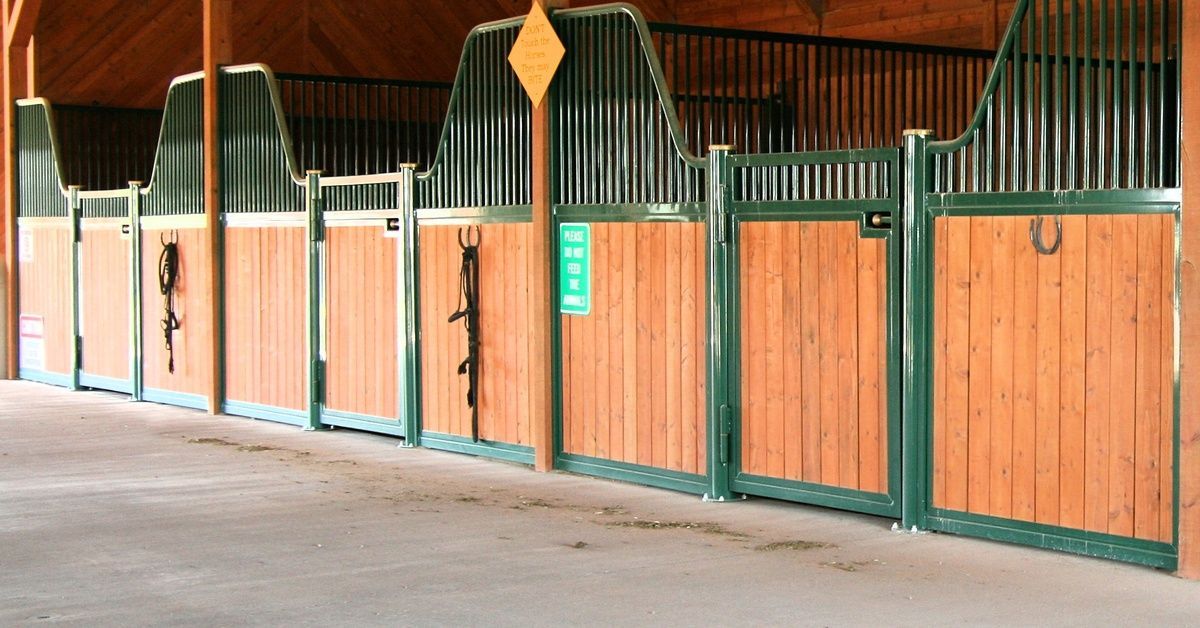 The interior of an open wooden post-frame building, with three horse stables with green trim, on concrete flooring.