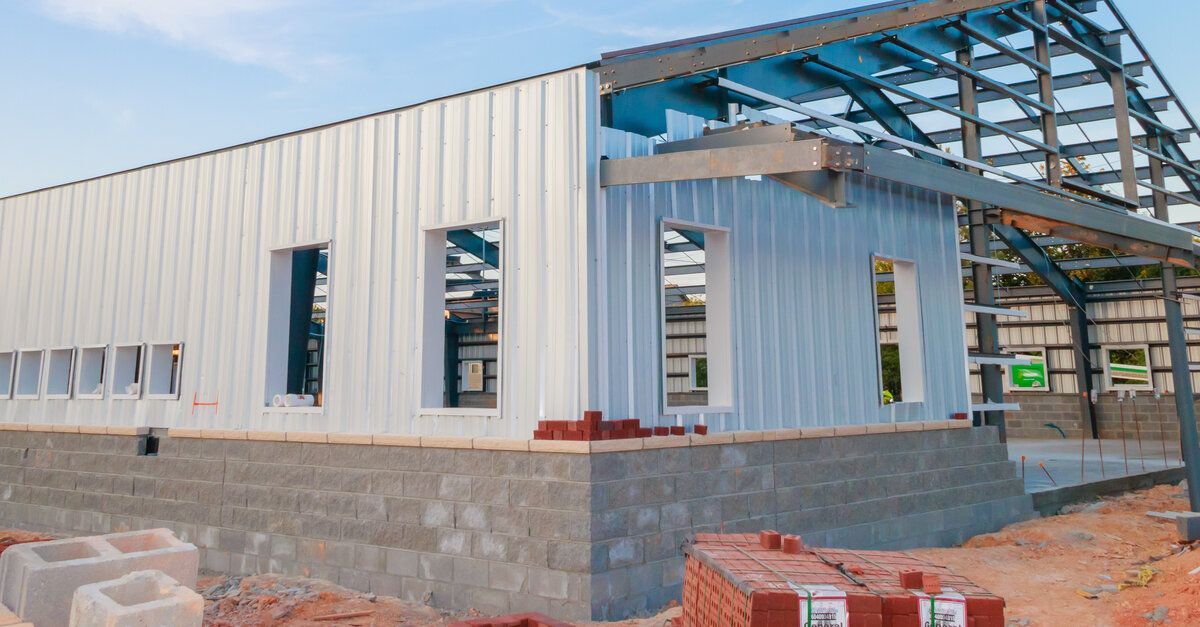 The construction of a large barn with bricks and white siding. The front of the building has a peaked metal roof.
