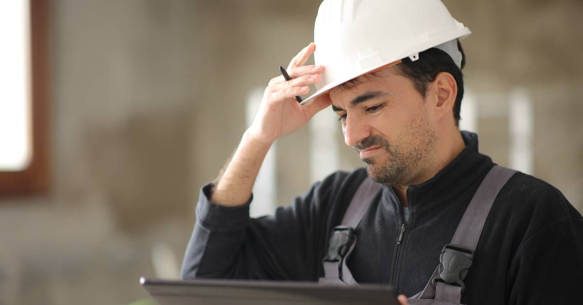 A disappointed-looking construction worker holds his hard hat in one hand and a tablet in the other while frowning.