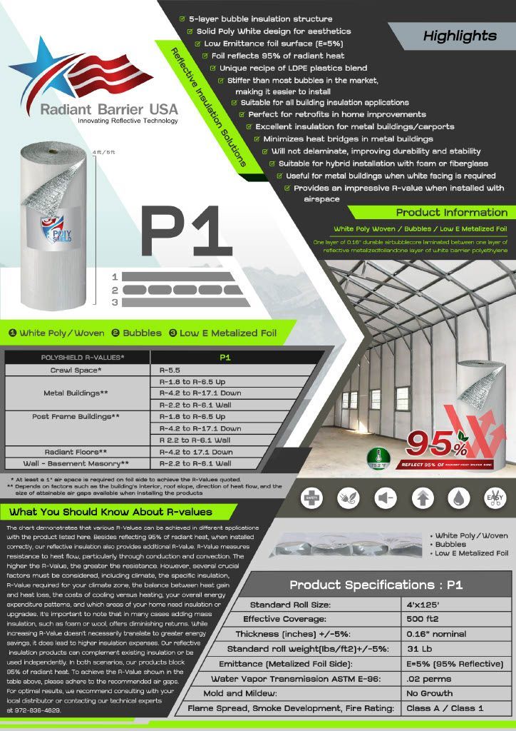 Product flyer for Radiant Barrier USA P1, showcasing material specifications and building insulation application.