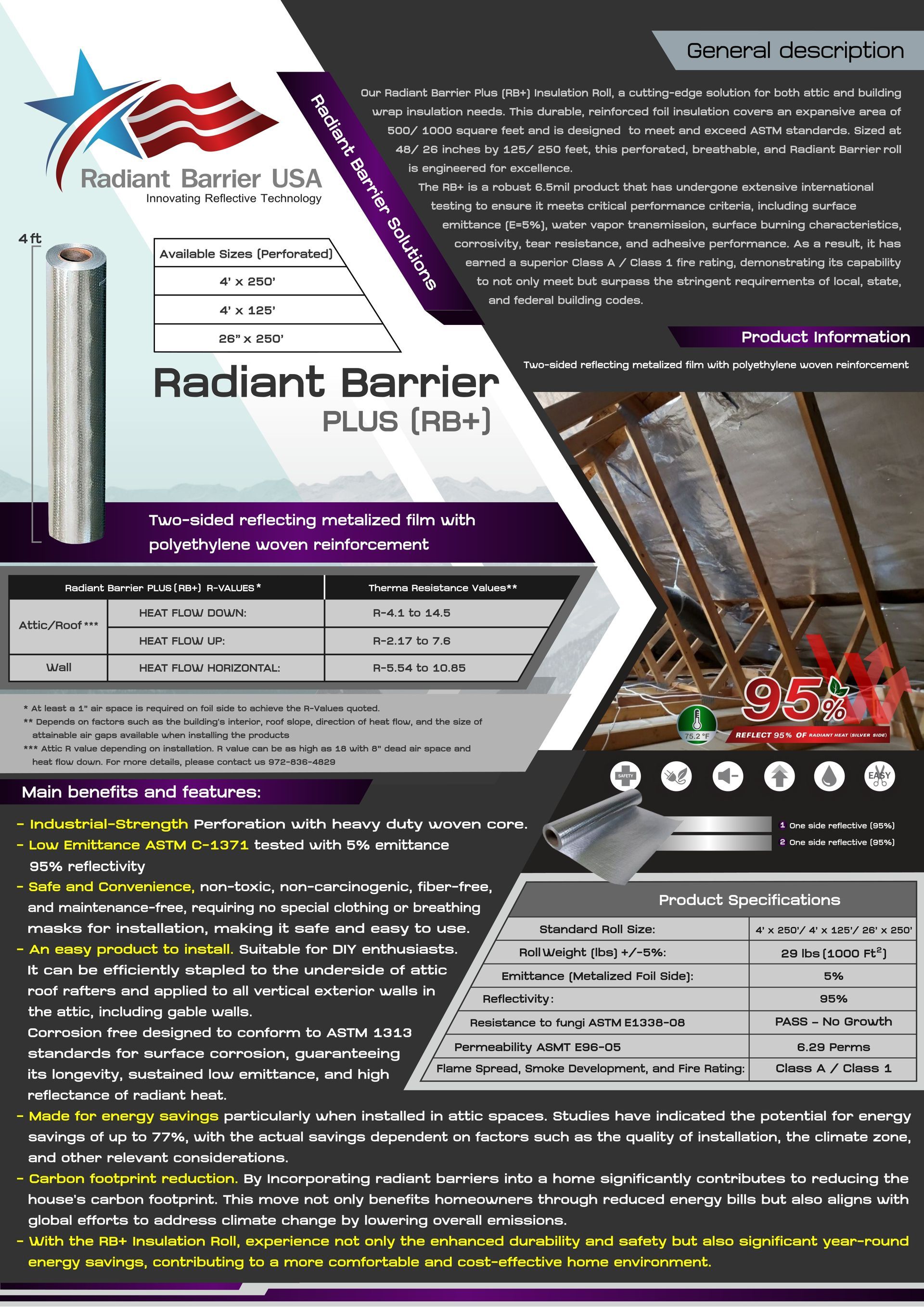 Product flyer for Radiant Barrier PLUS (RB+) featuring product specs, an attic installation photo, and key benefits.