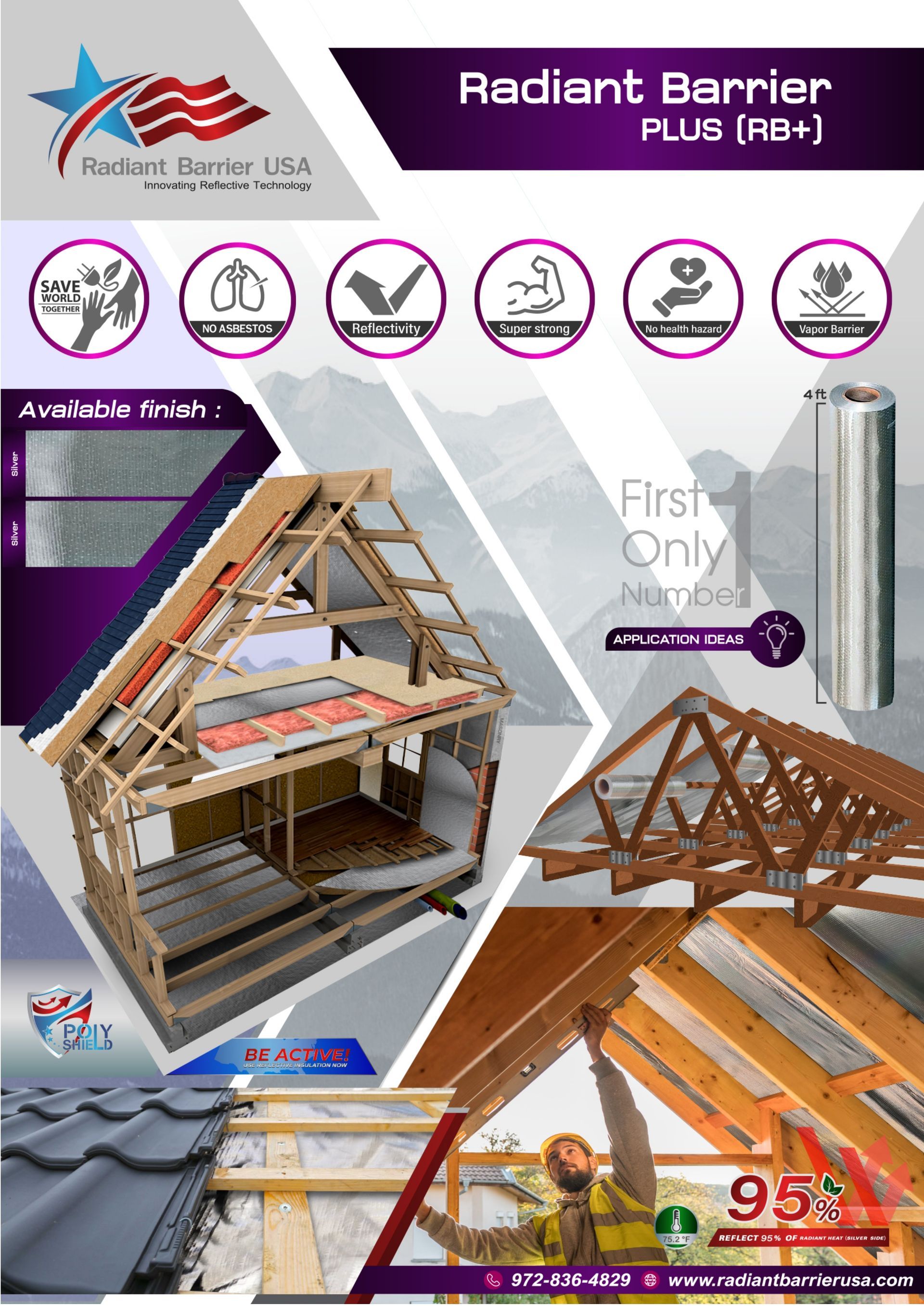 A product flyer for Radiant Barrier PLUS (RB+), showing roofing insulation applications, technical icons, and a worker.
