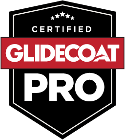 The logo for glidecoat pro is black and red