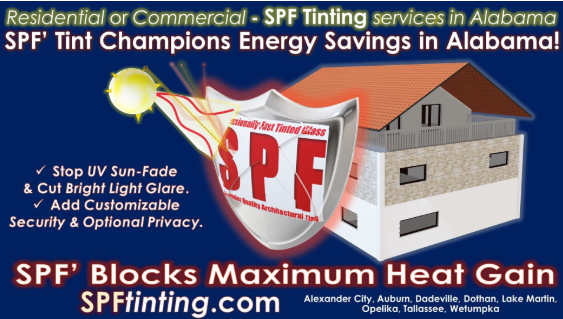 SPF Tinting ad with house, sun, and red SPF logo promoting UV protection and energy savings