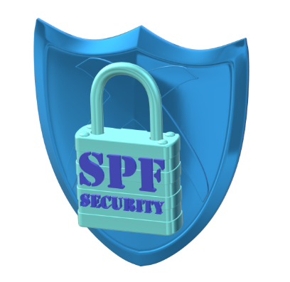Blue shield with a mint-green padlock labeled “SPF Security”
