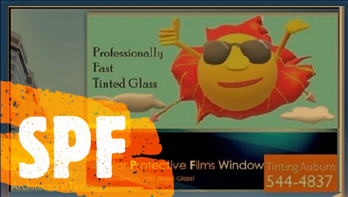 Sun graphic and SPF window tinting ad with phone number 544-4837