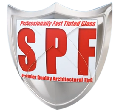 Silver shield logo with red SPF lettering and the text “Professionally Fast Tinted Glass”