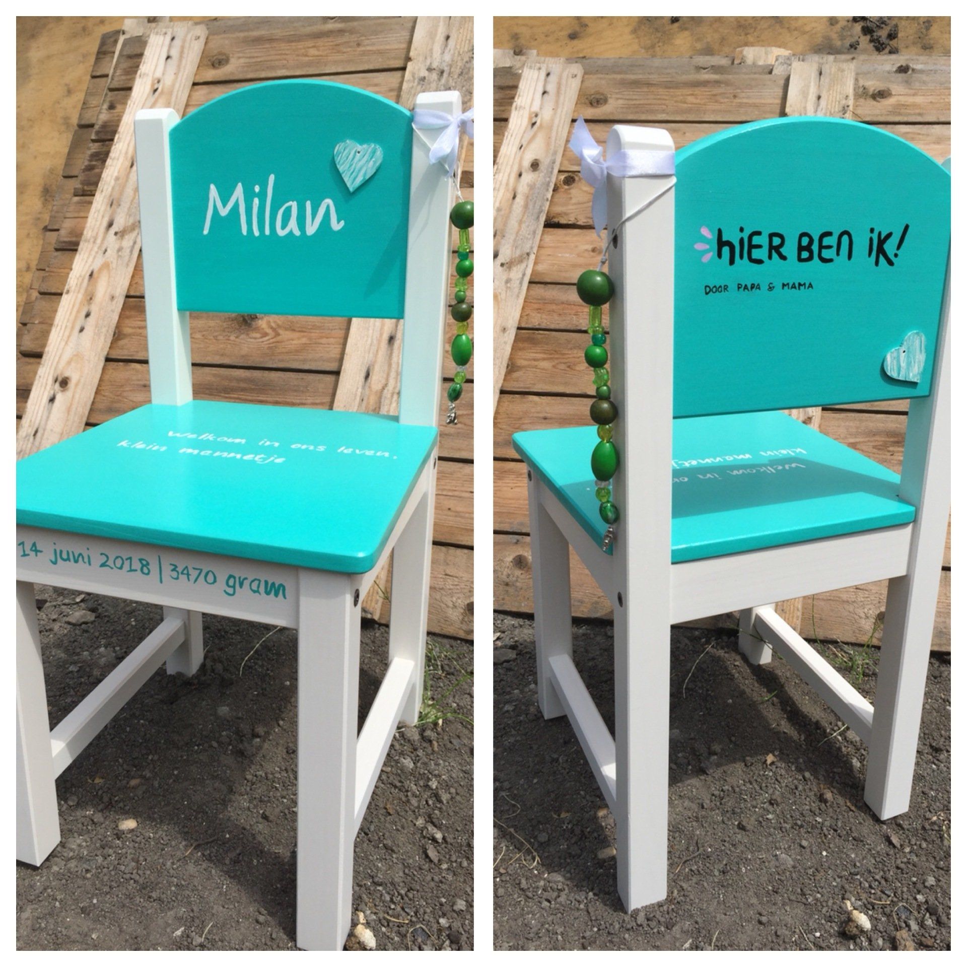 Turquoise-witte stoel met ‘Milan’ op de zitting en ‘Hier ben ik!’ op de rugleuning, van voren en van achteren afgebeeld.