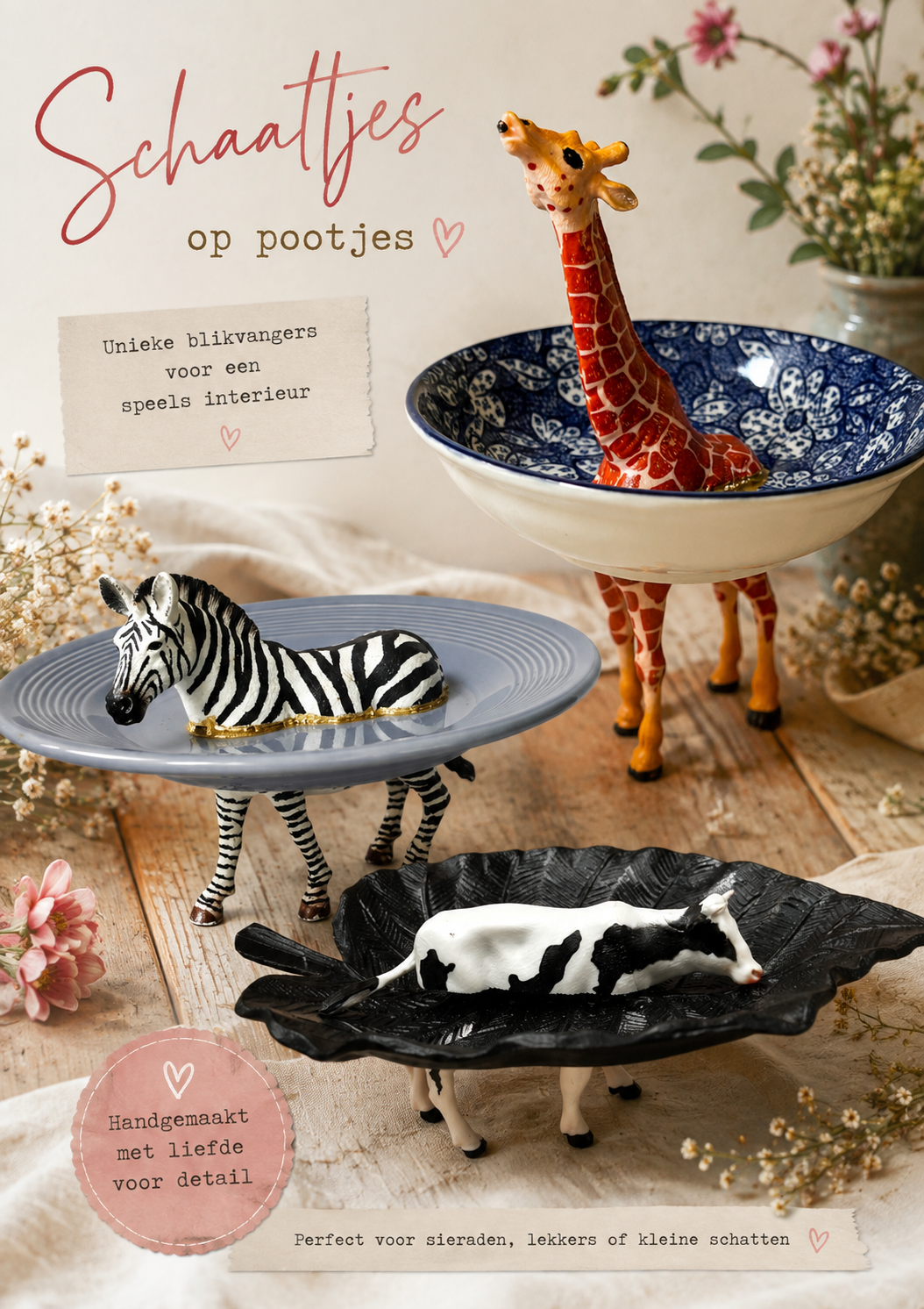 Vier kleine dierenbeeldjes tentoongesteld op beschilderde voetjes in een rustieke tafelsetting.