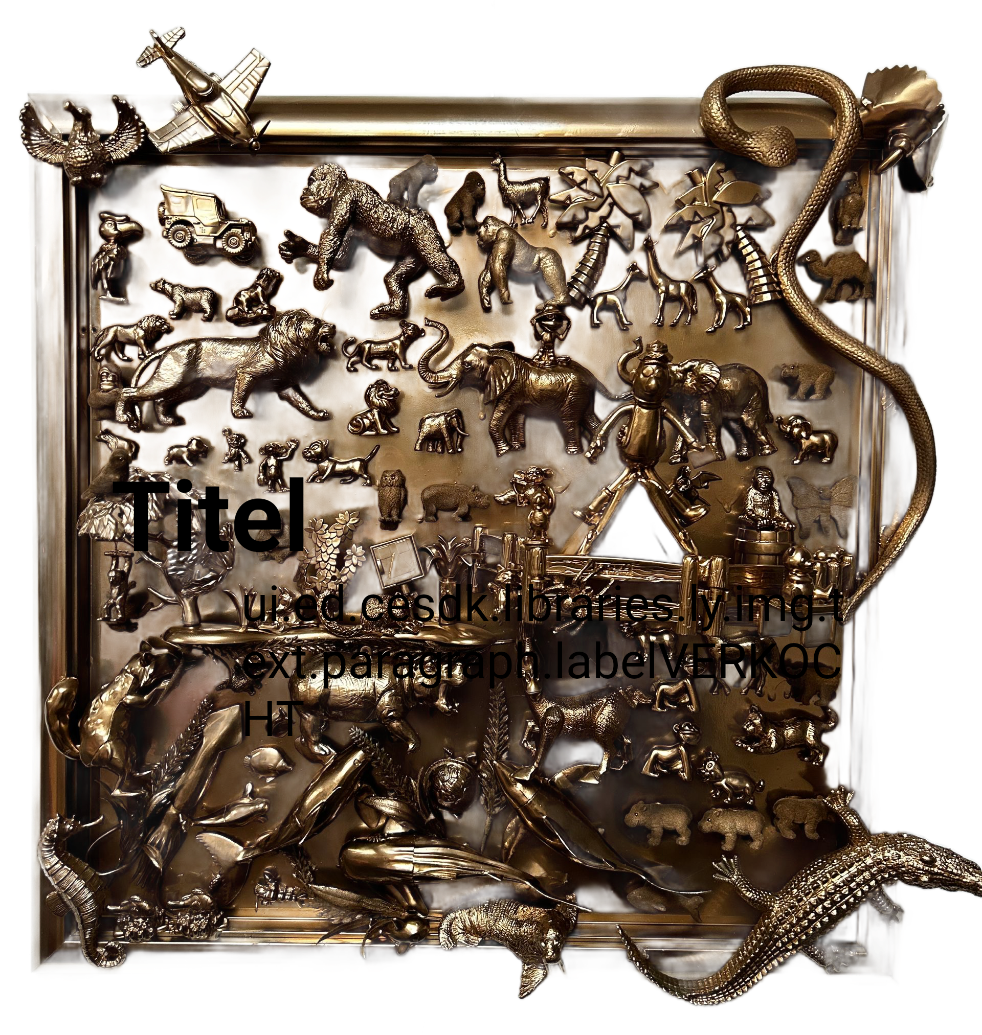 Bronzen reliëf van dieren en decoratieve figuren in een vierkant frame met een centraal titelvlak.