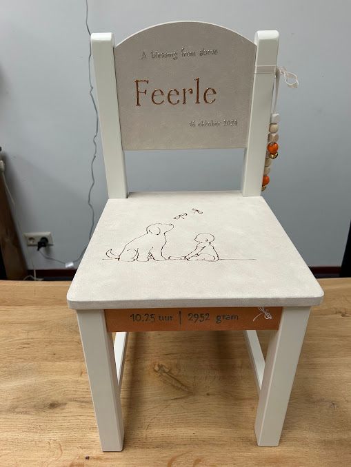 Witte houten stoel met beige zitting en rugleuning in een kamer, versierd met handgeschreven markeringen.