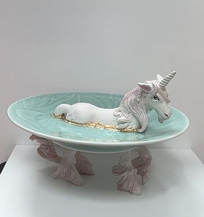 Witte Eenhoorn met glitters - mintgroen schaaltje 15 cm doorsnee