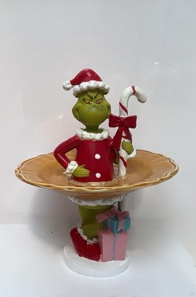 Grinch mujer, 21 cm de alto - platito amarillo festoneado, 16,5 cm de diámetro