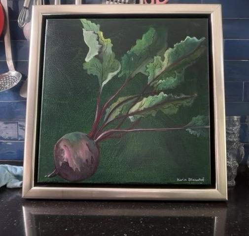 Betterave rouge - peinture à l’huile dans un cadre caisse américaine doré 46x46cm (il s’agit d’une série de 3 tableaux de légumes)