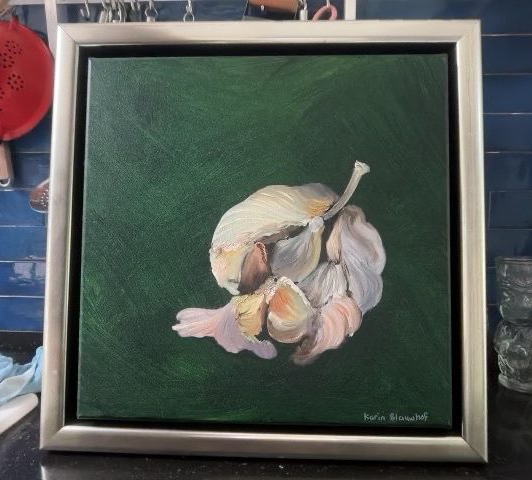 Peinture à l’huile d’ail dans un cadre caisse américaine doré 46x46cm (série de 3 légumes)