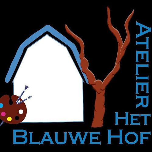 Logo met wit huis, blauw dak, kale boom, schilderspalet en de tekst 
